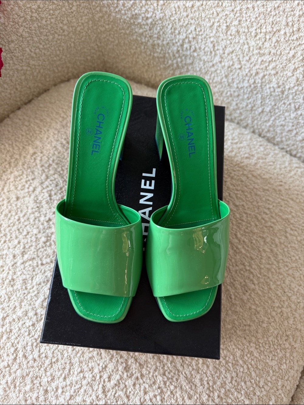 CHANEL Bright Green Patent Slide Mules